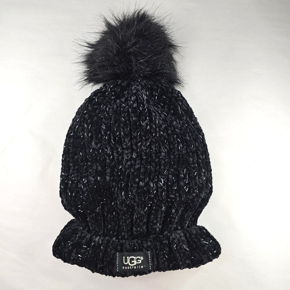 UGG Australia Black Pom Pom Knit Beanie Hat‎ Sparkle Winter Warm - Picture 2 of 4
